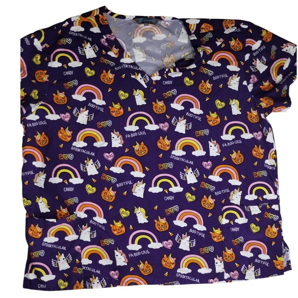 Serene Uniforms 2X Halloween Scrub Top Boo Spooktacular Unicorn Rainbows Women